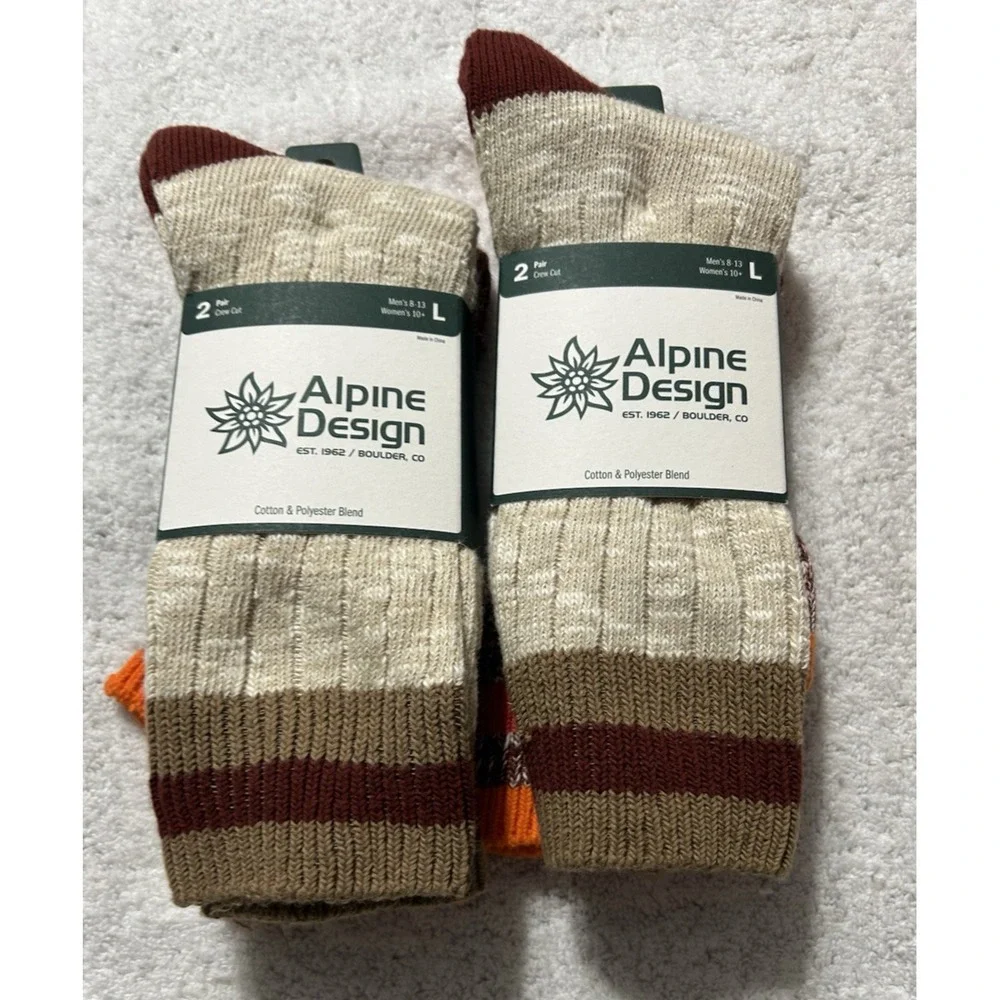 Alpine Designs Ragg Hiker Socks Lot of 2(2 Pair Each) Adult Large Maroon/BR/OR